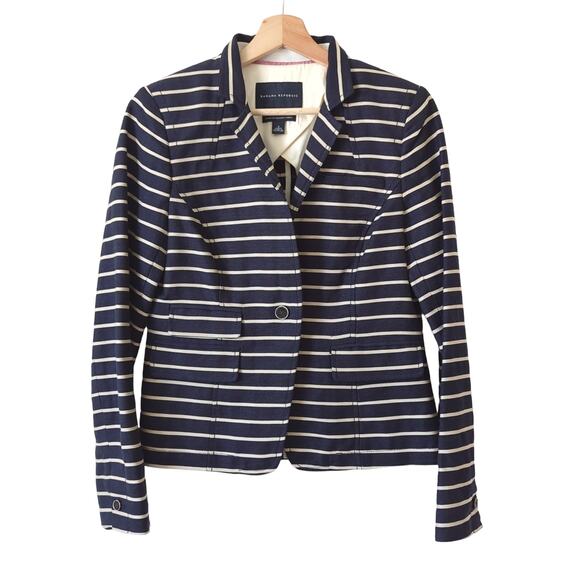 Banana Republic Women's Blazer Navy Blue Cream Striped Jacket Size 6 Linen Blend